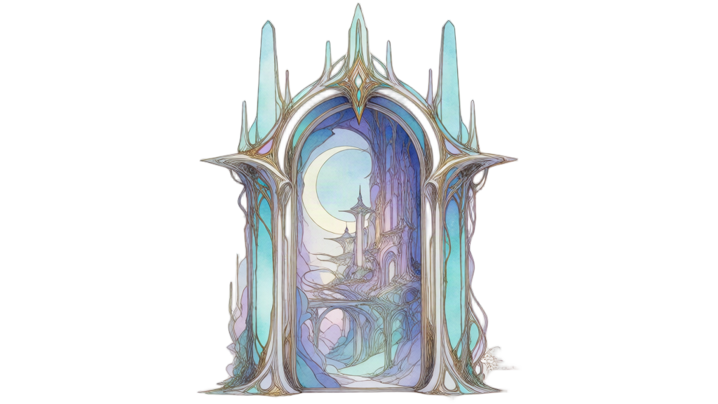 An aetherpunk elven gateway opening onto a moonlit city