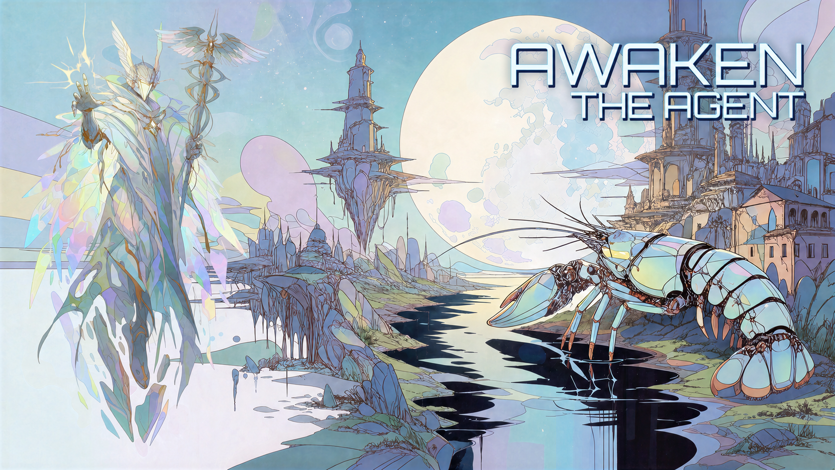 Hermes floating above the river, facing the lobster under a full moon