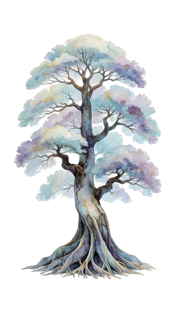 Watercolor tree with an expansive canopy and visible roots