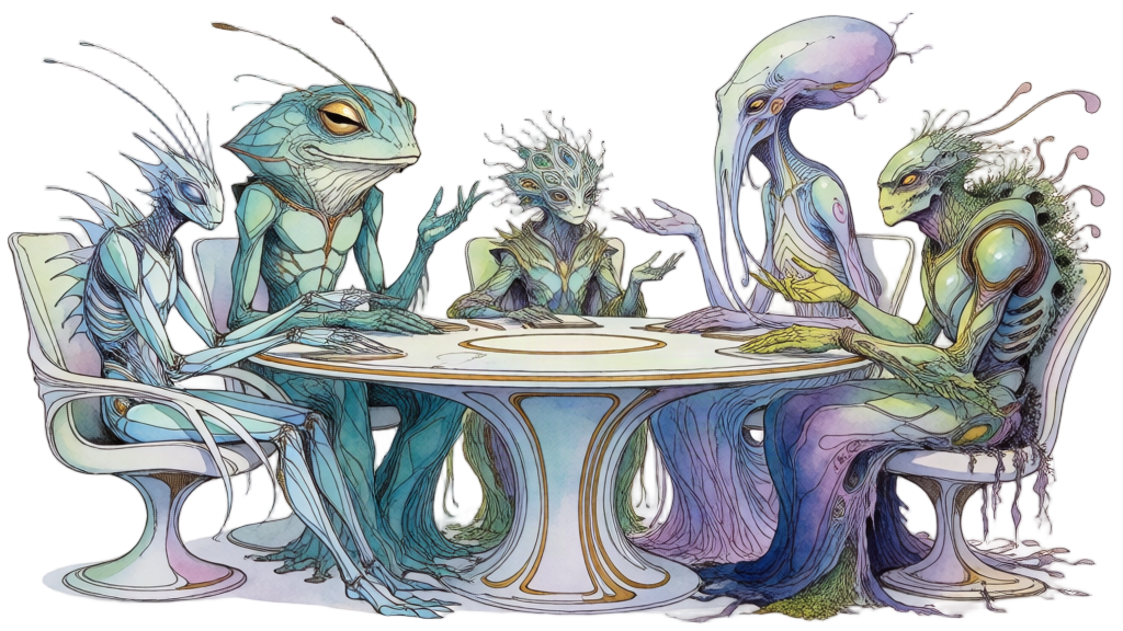 A council of specialized alien figures gathered around one table