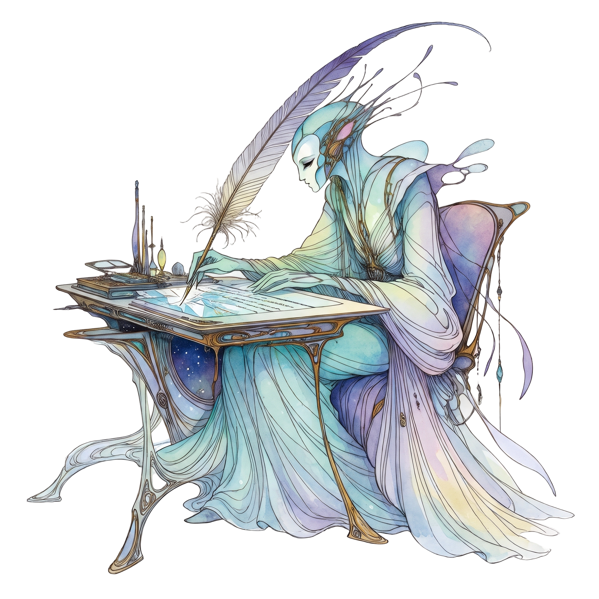 An otherworldly figure writing with an oversized quill at a desk