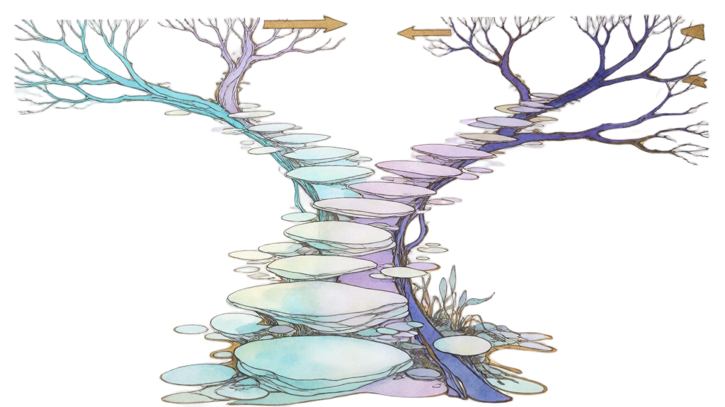 A branching path splitting into two directions through intertwined trees