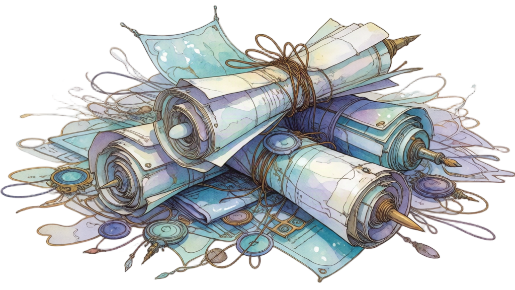 A pile of rolled scrolls, maps, and sealed documents