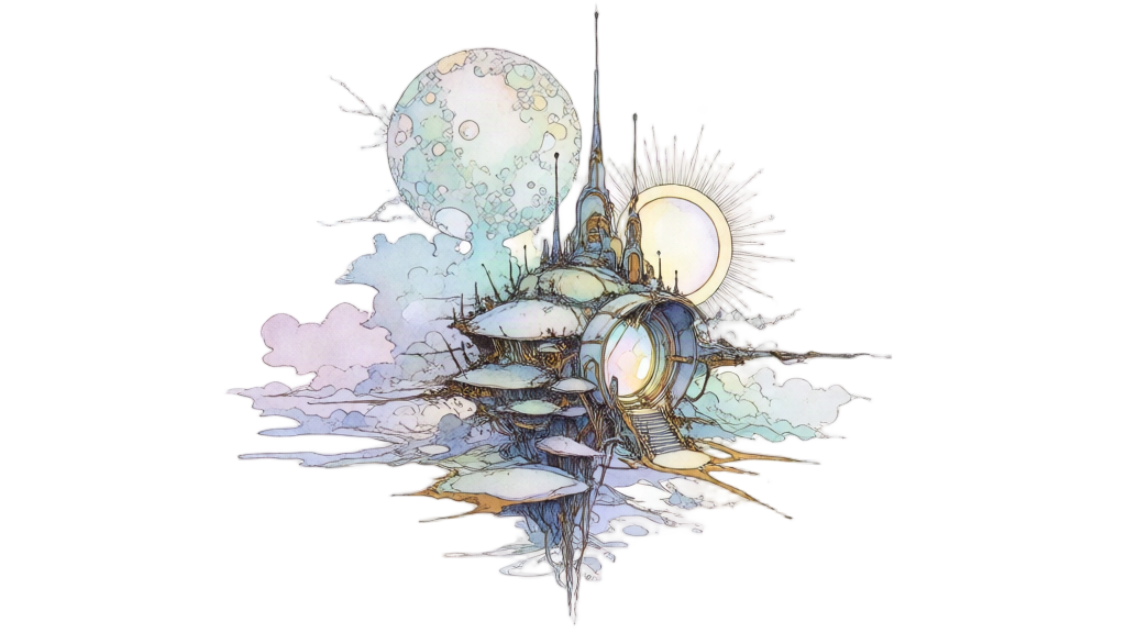 A strange watercolor landscape with luminous rifts and celestial forms