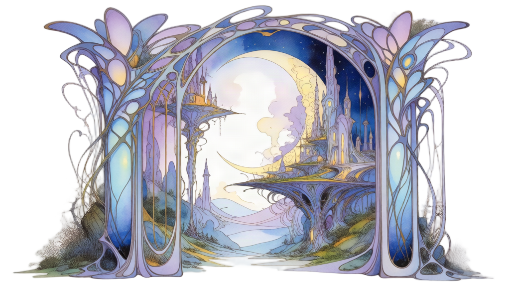 A wide Art Nouveau archway opening onto a strange moonlit landscape